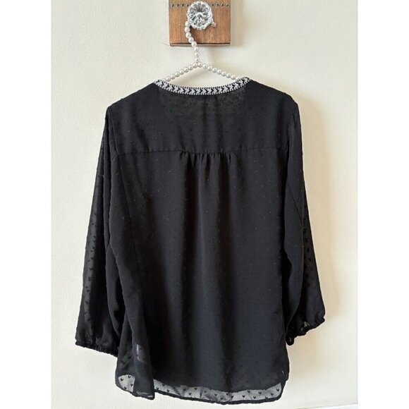 DR2 Womens Size L Black Blouse Dotted Swiss Boho Embroidered - Picture 5 of 6